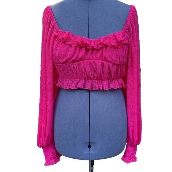 Frilly Romantic Fuchsia Crop Top Women Small Bishop Sleeve Textured Off Shoulder - Picture 1 of 16